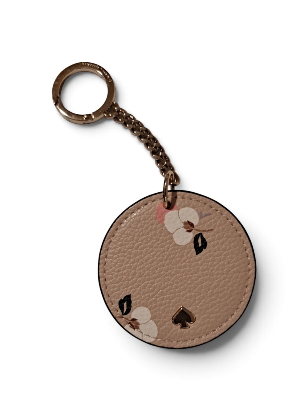 NWT KateSpade Leather Round Key Fob BagCharm Floral Pink Beige Gold